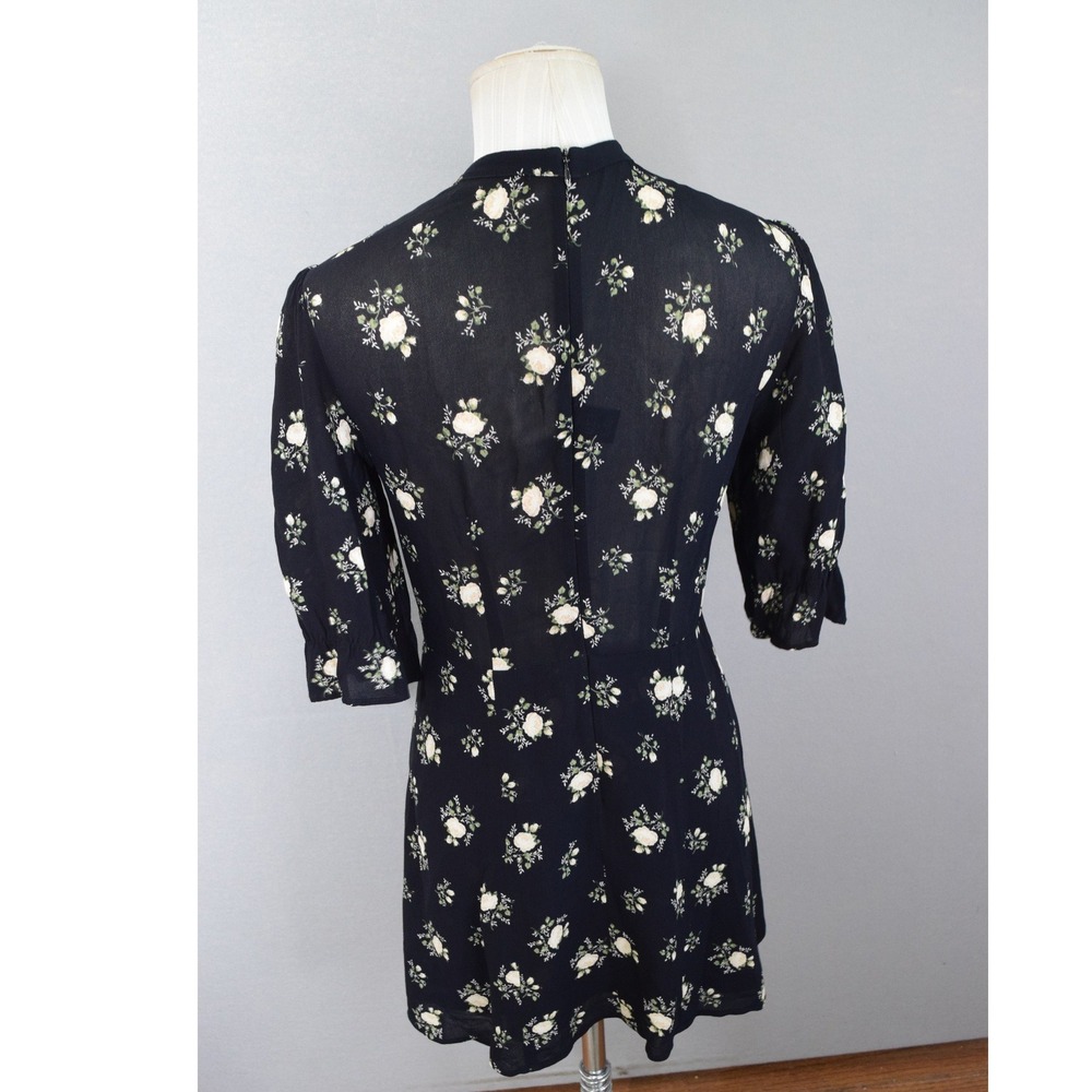 Reformation Cassie Mini Dress 4 Black Floral Tie Neck Dark Floral Puff Sleeve - Picture 3 of 5